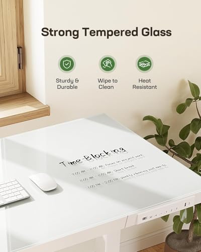 Image of Marsail Glass Standing Desk with Drawer, 48 x 24 inch Electric Standing Desk, Height Adjustable Desk with One-Piece Tabletop & USB Charging Ports, Sit Stand Desk with Storage for Home & Office White