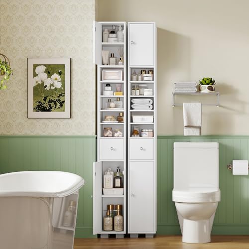 Image of TEENFON Bathroom Cabinet, Narrow Bathroom Storage Cabinet with 5 Adjustable Shelves & Drawer, Freestanding Cupboard for Small Spaces, White