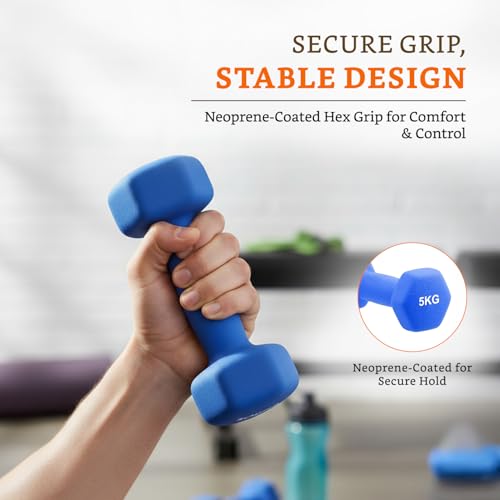 Image of Amazon Brand - Solimo Neoprene Dumbbell 5 Kg, Set of 2 (Blue)