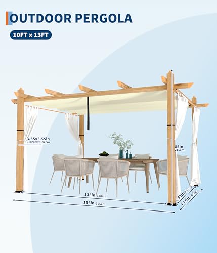 10 x 13 Ft Wood-Grain Aluminum Pergola Outdoor Pergola with Retractable Canopy Sun Shade Shelter for Garden, Patio, Backyard, Deck - Beige with Netting