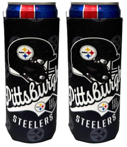 Football 12oz 2-Pack Slim Skinny Can Holder Insulator Beverage Huggie Cooler Coozies (Pittsburgh Shadow Logo (Steelers))