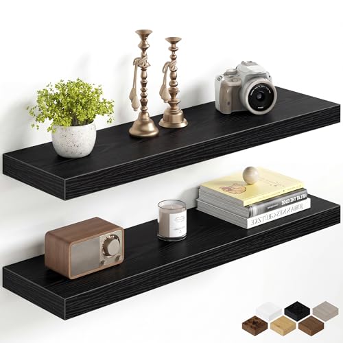 Image of Fun Memories 30Inch Floating Shelves for Wall, 8 Inch Deep Shelves for Bathroom|Bedroom|Kitchen Wall Mounted, Wood Hanging Shelf with Invisible Brackets for Home Storage Decor, Black - 2 Pack