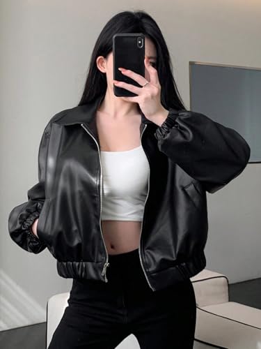 Chic and Cozy: Women's Black PU Leather Fall Winter Jacket with Front Zipper and Pockets, X-Large - Image 3