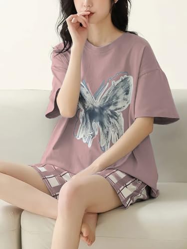 Image of Louis Luxe Cotton Blend Womens Korean Night Dress || Short Pyjama Set || Korean Nightsuit || Women Nightwear ||Round Neck Short Sleeve Nightsuit || Loungewear || Everyday Nightdress (ND-05)