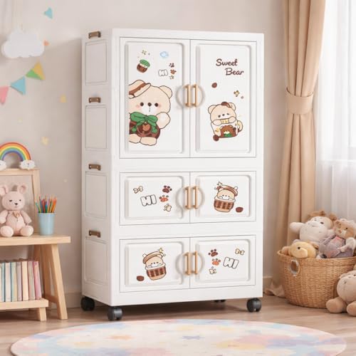 Image of Strassis Design Multipurpose Plastic Wardrobe for Kids Clothes Almirah Cupboard | Multipurpose Baby Toys /Books /Accessories Storage Organiser Closest with Anti-Skid Base (Cake Bear-K70212)