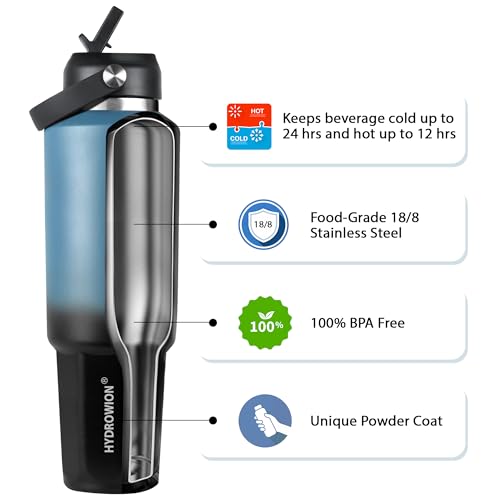 Image of HYDROWION 40 oz Insulated Water Bottle, Car Water Bottle Holder - Double Wall Vacuum Insulated Travel Bottle with Straw Lid, Spout Lid and Flex Cap - Cold for 24H, Hot for 12H, Blue - Black