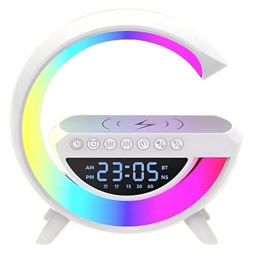 Luminaria Caixa Som Bluetooth Carregamento sem Fio Radio FM Relogio Alarme 7 Cores USB AUX TF Card
