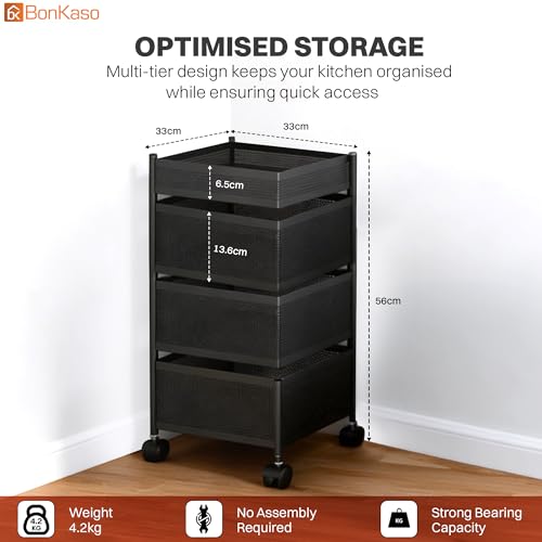 Image of BonKaso 4-Layer Multipurpose Kitchen Trolley with Swivel Storage Basket & 360 Rotating Wheels, Black Steel Frame, Easy Mobility, Space-Saving and Durable