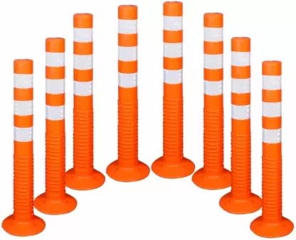 Image of Ladwa Flexible Plastic Spring Post Barrier (Pack of 8) High Grade Elastomeric Polymer Material With 3 White Reflective Tapes Easy To Install Safety T-Top Bollard Barrier Parking Block (Orange)