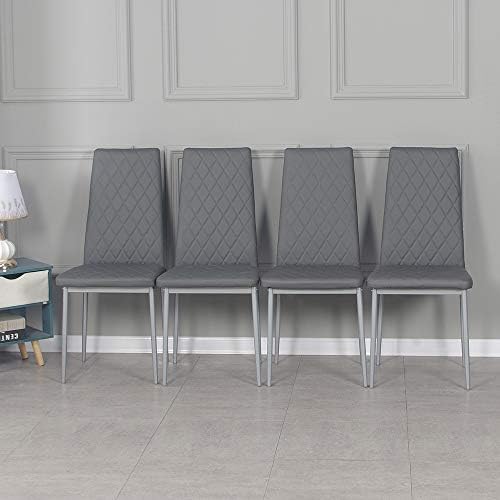 Panana Faux Leather Diamond High Back Dining Chairs Set Black Metal Leg Padded Seat Kitchen Chair (Black, 4)