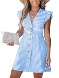 CUPSHE Women's Striped Summer Dresses V Neck Casual Mini Dress Flutter Sleeve Ruffle Button Sundresses Blue M