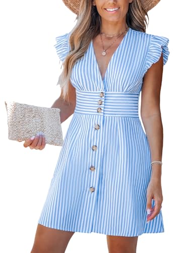 CUPSHE Women's Striped Summer Dresses V Neck Casual Mini Dress Flutter Sleeve Ruffle Button Sundresses