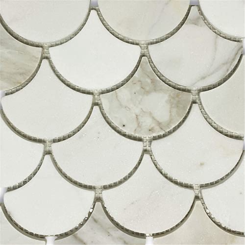Stone Center Online Calacatta Gold Marble Grand Fish Scale Fan Shape Mosaic Tile Honed Kitchen Bath Wall Floor Backsplash Shower (1 Sheet) #TOP5
