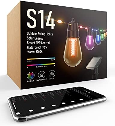 50Ft Solar Outdoor String Lights with Real-Time Schedule Function Led Patio Lights with Rope Fairy Customize Color Modes Rgbw Weatherproof Shatterproof Outside Light for Gazebo Porch Bistro Yard Party