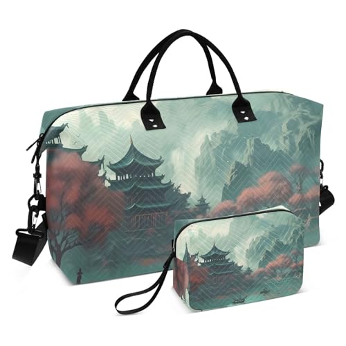 Large Travel Duffel Bag, Building Chinese Style Sports Tote Gym Bag, Shoulder Weekender Overnight Bag for Women Men, Carry On Luggage with Toiletry Bags