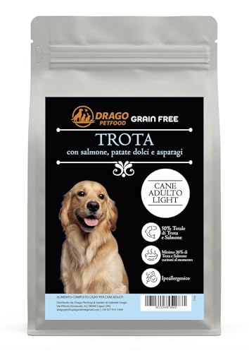 DRAGO PETFOOD Pienso para perro adulto, salmón y trucha con espárragos, sin granos, hipoalergénico, 50% salmón y trucha, saco de 2 kg