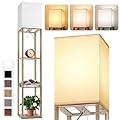 Floor Lamp with Shelves for Living Room Natural Wood, Shelf Floor Lamp with 3 CCT LED Bulb, Corner Display Standing Column Lamp Etagere Organizer Tower Nightstand with White Linen Shade for Bedroom