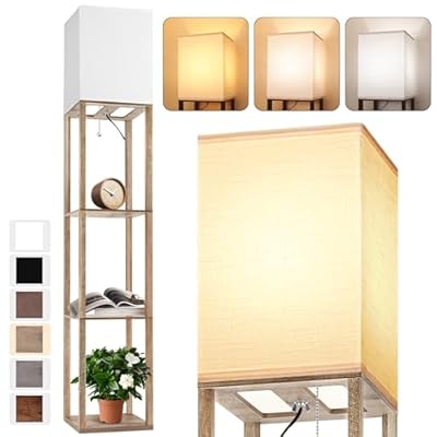 Floor Lamp with Shelves for Living Room Natural Wood, Shelf Floor Lamp with 3 CCT LED Bulb, Corner Display Standing Column Lamp Etagere Organizer Tower Nightstand with White Linen Shade for Bedroom