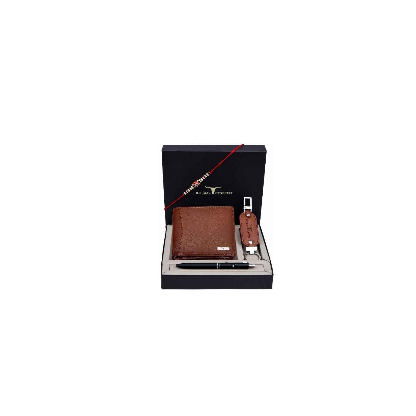 Rakhi Gift Hamper for Brother - Classic Redwood Men's Leather Wallet, Redwood Keyring, Pen and Rakhi Combo Gift Set for Brother - 4701-image-43