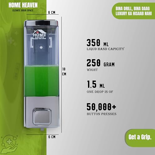 Image of Adhesive Wall-Mounted 350ml Chrome Liquid Dispenser - No-Drill Install - ABS Plastic for Soap Shampoo Conditioner Hand Wash Gel Sanitizer - Bathroom Kitchen Sink Basin (Single Pack)