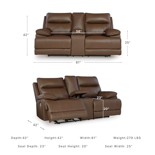 Image of Ashley VonRyan Power Reclining Loveseat with Console, Top Grain Leather Seating, Fully Assembled, Ideal for Living Room, Tobacco Brown, 81 inch W