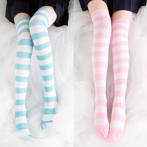 Image of Cute Japanese Style Blue /Pink Striped Over Knee High Socks Thigh Long Knee Boot Stockings for Women Teen Girls