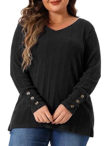 Image of Agnes Orinda Plus Size Knit Tops for Women Long Sleeve V Neck Button Stretch Casual Pullover Sweater Blouses