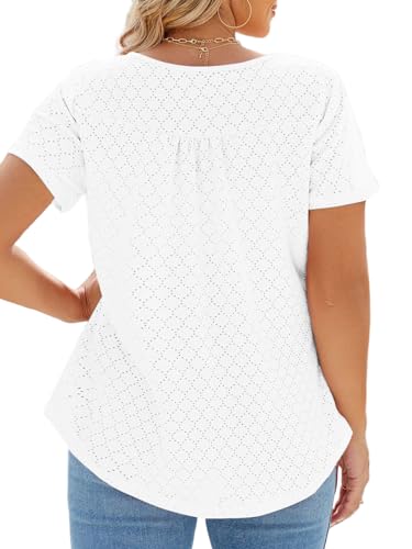 Image of VISLILY Womens-Plus-Size-Summer-Tops Buttons Up Henley Shirts Flowy Pleated Tunics Trendy Eyelet Short Sleeve Blouses