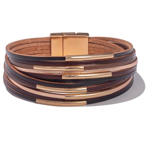 FANCY SHINY Boho Leather Bangle Bracelets Stackable Noodle Tube Bracelets Layered Wrap Cuff Bracelets with Magnetic Clasp