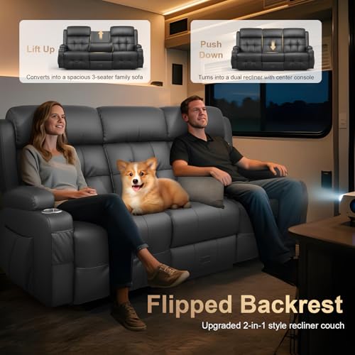Image of Loveseat Recliner Sofa, Home Theater Seating with Massage, 3 Seat Reclining Loveseats with Flip Backrest, Wall Hugger RV Couch Theater Chairs, RV Furniture Sofas with USB, Cup Holders for Gaming Room