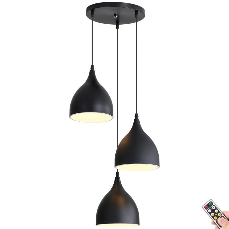 KEFA Battery Operated Pendant Light with Remote, Indoor No Wiring Ceiling Hanging Light, Modern Wireless Pendant Lighting Chandelier Fixture for Kitchen Island Dining Room Living Room Farmhouse (Colo