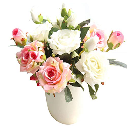 Artificial Flowers, Fake Flowers Silk 9 Heads Roses Bouquets Wedding Party Kitchen Home Decor 3PCS (pink-white)