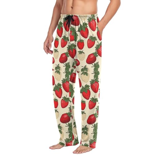 Men’s Strawberry Pattern Pajama Pants with Pockets, Comfortable Lounge Sleep Bottoms#7774