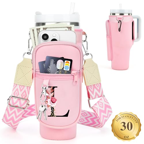 LOKASS Personalized for Stanley Cup Accessories 30oz, Initial Stanley Cup Holder with Strap, Cup Carrier Bag Water Bottle Holder with Phone Pocket Gifts for Women,Girls,Travel,Walking,Work