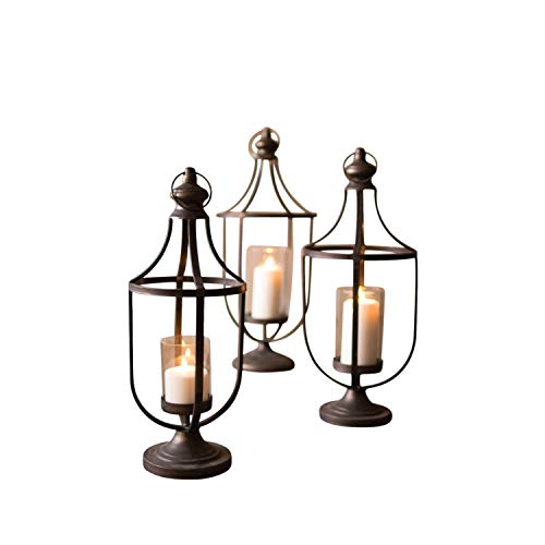 Vintage Style Black Metal Lanterns Set Three Pillar Candle Glass Hurricane