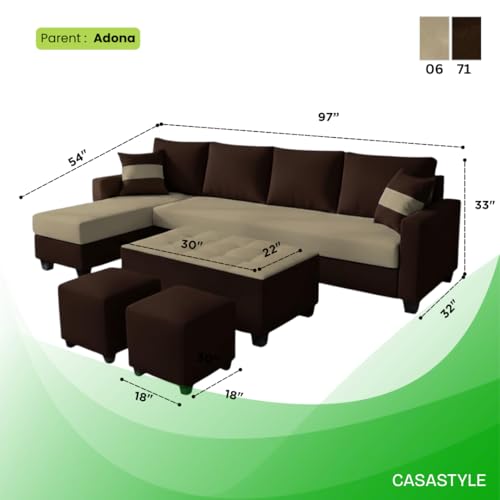 Image of CASASTYLE Adonway 8 Seater Fabric LHS L Shape Sofa Set (Cream-Dark Brown) Premium Velvet Finish | Ideal for Living Rooms