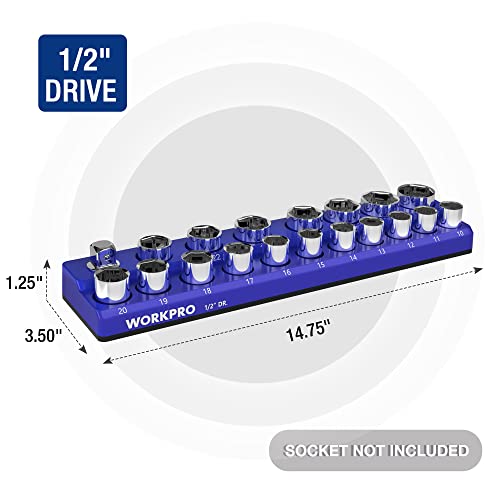 Image of WORKPRO Magnetic Socket Organizer, 1 /2-Inch Metric Socket Holder | Hold 19-Piece Sockets, Suitable for Standard and Deep Socket, Magnetic Base, No Scratches Installation, Sockets not Included