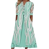 Sommerkleider Print V-Ausschnitt Mesh Kurzarm Splice Loose Dress Button Pocket Holiday Dress Freizeit Kleid Damen