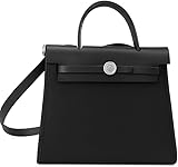 Oxford Cloth Kelly-Style Handbag, Leather Trim Shoulder & Crossbody Tote, Colorblock Navy Blue & Black, 9.8 x 9 in (Black)