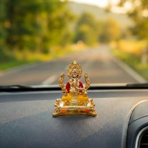 Image of Gold Plated Ganesh Idol | Ganpati Murti for Car Dashboard, Office Desk, Hindu God Gift & Home Decor - Resin (Gold 2 in)