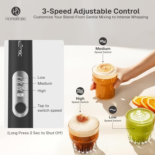 Image of HOMEBASIC Coffee Frother Electric Handheld, 3-Speed Milk Frother Rechargeable with Dual 304 SS Whisks, 8000 RPM Foam Maker for Latte, Cappuccino, Matcha, Eggs | Whisk Wave (Black)