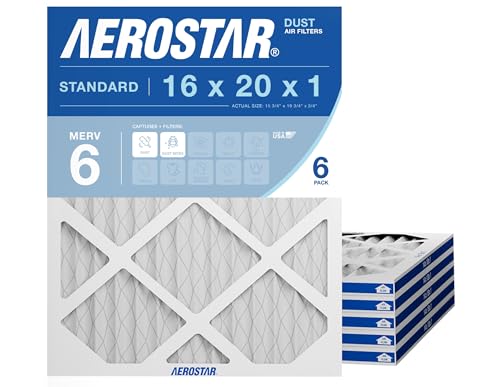 Aerostar 16x20x1 MERV 6 Air Filter, 6 Count, ACTUAL SIZE (15.50 x 19.50 x 0.75 ), HVAC, Air Conditioning & Furnace Filter for Dust, Lint & Pollen Control (MPR 300 / FPR 3), Made in USA