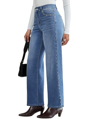 luvamia Women Jeans Wide Leg High Waisted Trendy Side Studded Embellished Distressed Stretchy Denim Pants Going Out Jeans for Women Trendy Party Classic Blue Large US Size 12-14