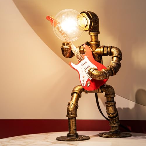 Image of Music Guitar Table Lamp Art Decor ,Steampunk Table Lamp,Retro Guitars Steampunk lamp,Cool Industrial Metal Tube Robot Lamp Guitar Stuff Present for Men Music Lovers