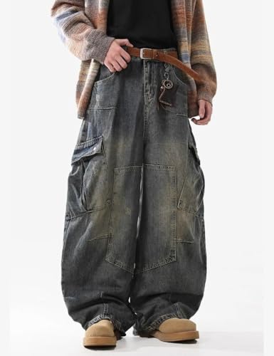 Baggy Barrel Jeans for Men Wide Leg Cargo Jeans Loose Distressed Denim Oversized Pants Fashion Casual Clothes2
