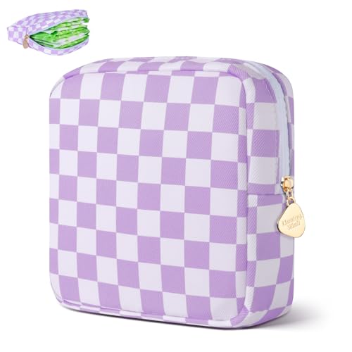 Image of Period Bag Pouch Soft Cloth Sanitary Napkin Storage Bag Portable Menstrual Pad Pouches Tampon Holder for Purse First Period Kit for Girls 9-12 (Purple-White Check)