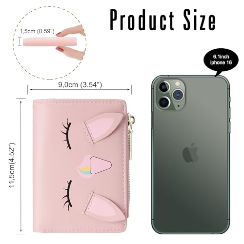 Image of CONISY Cute Wallets for Women, Leather Bifold Small Wallet with Zipper Coin Purse, RFID Blocking Wallet for Girls and Ladies, Unicorn Pink, Moden