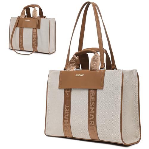 BESMART Elegant Canvas Pu Laptop Tote Bag, Large Capacity Tote Handbags for Women, High-Grade Sense Business Handbag Work Briefcase for white-collar worker commuter, Beige/Brown