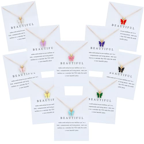 NEWITIN 10 Pieces Colorful Butterfly Pendant Necklace Set for Women Costume Jewelry Gold Plated Adjustable Necklaces Bohemian Dainty Acrylic Butterfly Chain Necklace Set for Women