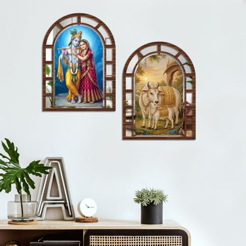Image of Artvibes Spiritual Radha Krishna Decorative Wall Hanging | Wall Jharokha Mirror Wall Decor for Living Room, Hall, Bedroom, Prayer Room, Lobby & Office | Gift (WHJ 12051N), Set of 2